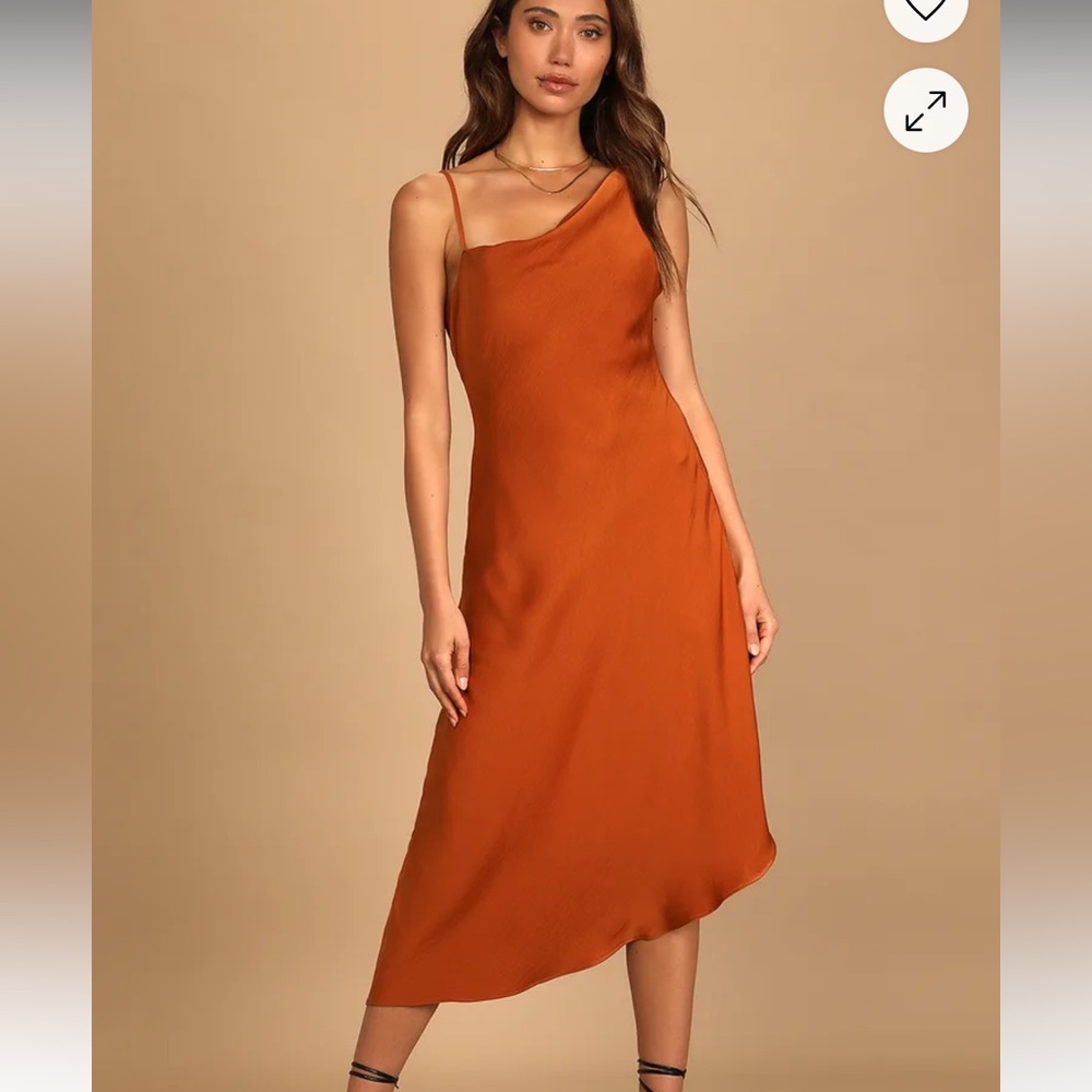 Lulu’s Elegant Orange One-Shoulder Dress Size Small Asymmetrical Midi Dress